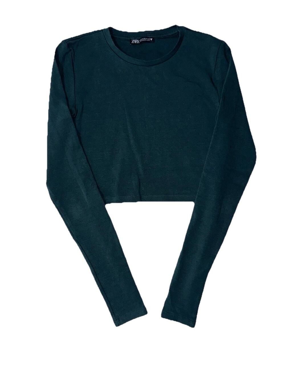 Zara Women’s Long Sleeve Green Crop Top - Size M
